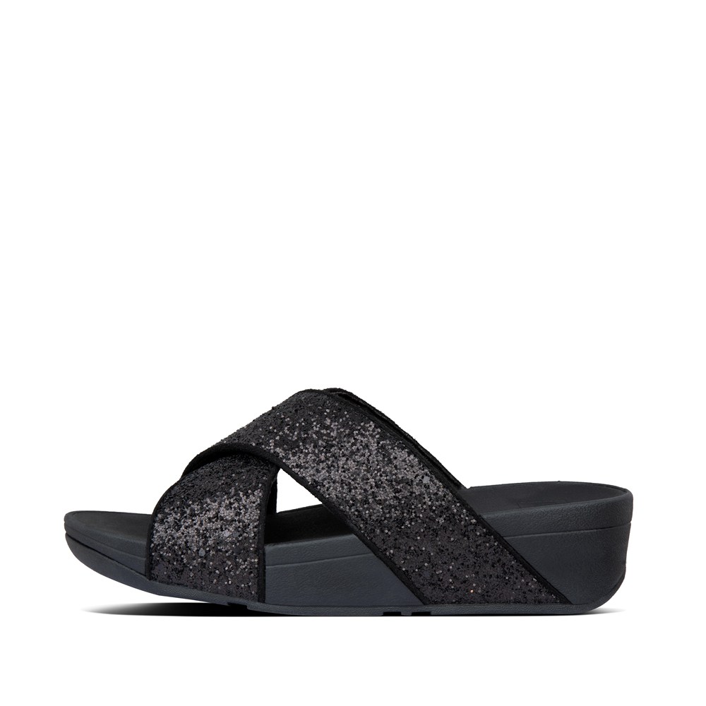 Fitflop Womens Slides - Lulu Glitter Cross - Black - 650-JGKISQ
